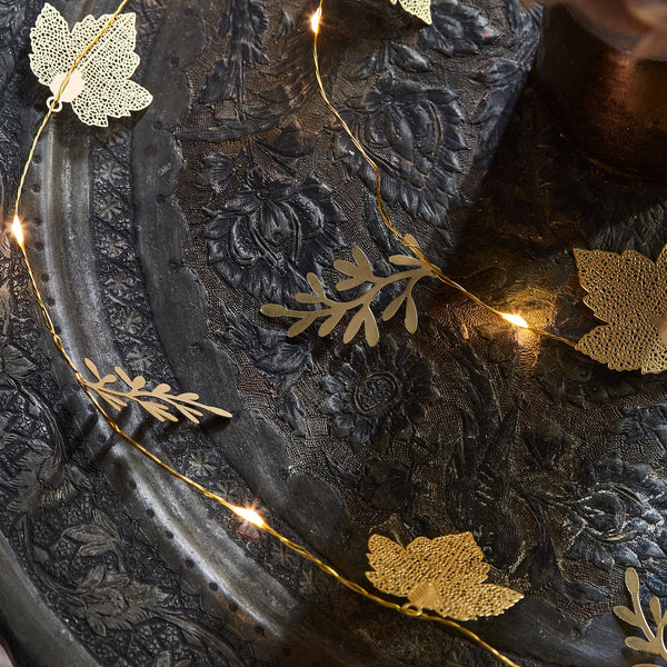 Shimmer gold fairy lights with metal leaves