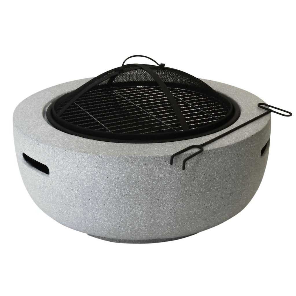 Modern round concrete look fire bowl with grill 