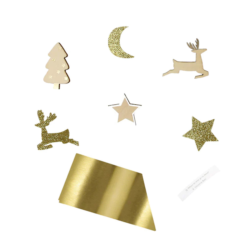 Gold brooch gift and gold hat inside crackers 