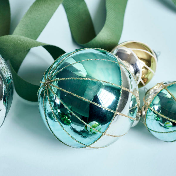 turquoise and silver glass Christmas bauble by House Doctor 