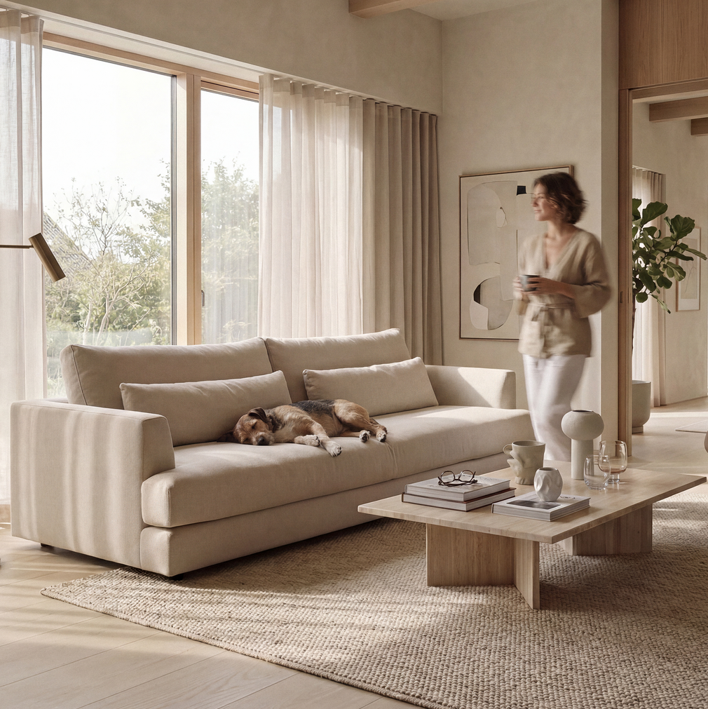 A beige upholstered sofa in a bright, modern living room with a dog resting on it, a woman standing nearby holding a mug, and a wooden coffee table in front.