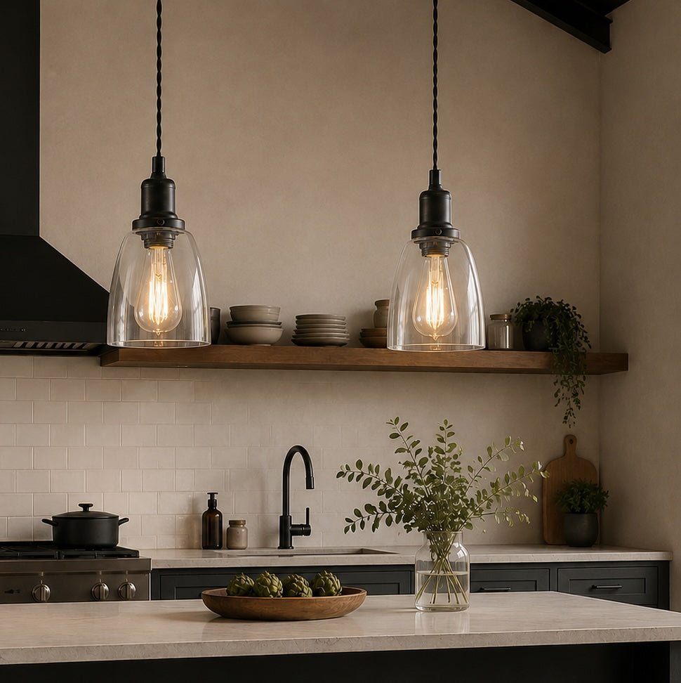 Modern kitchen with pendant lights, countertop, and shelves.