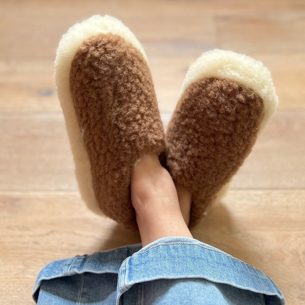 brown fleece wool slippers by Yoko