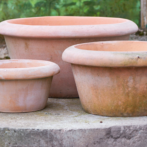 set of three wide terracotta plant pots by B Green