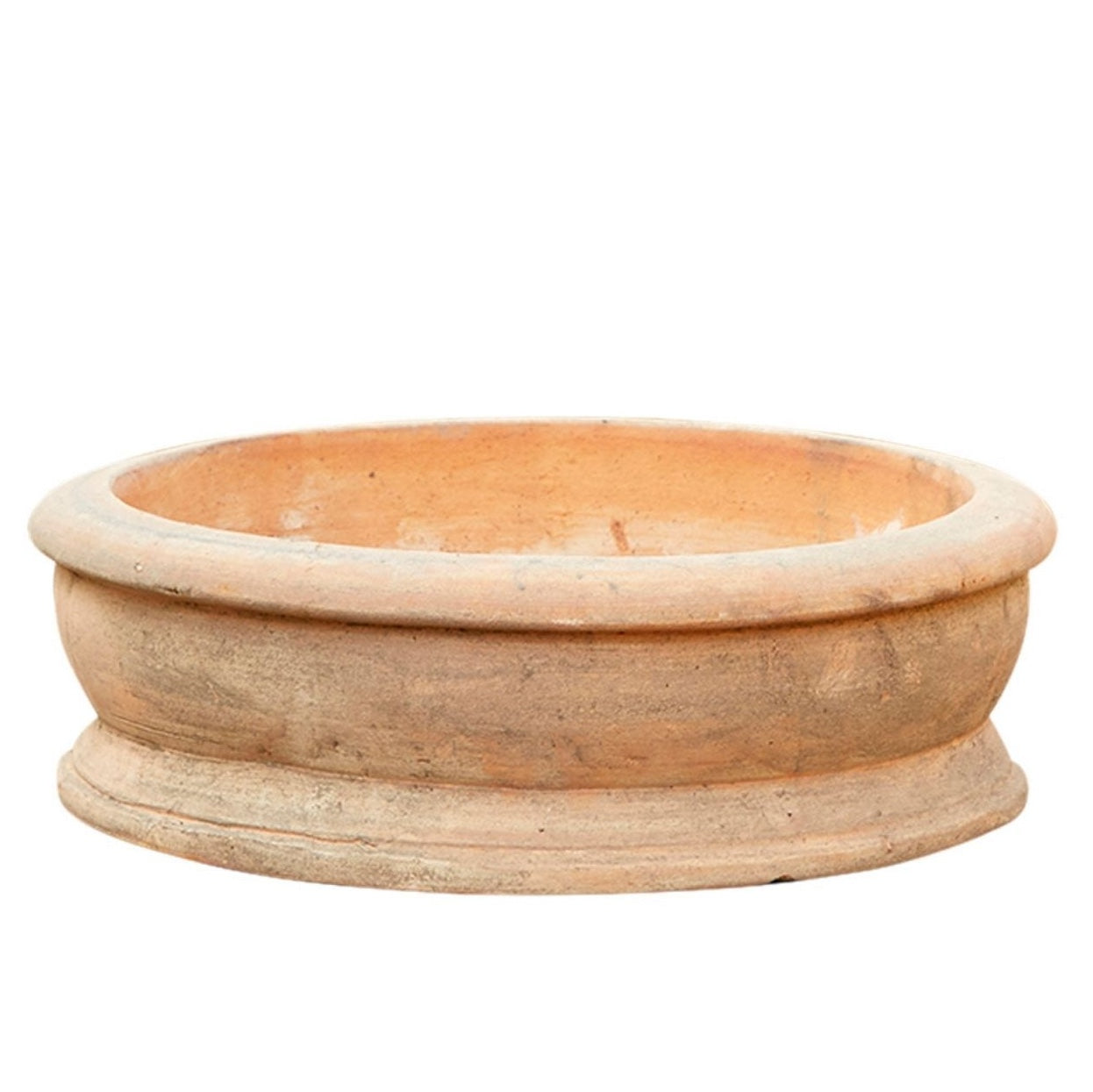Shallow aged terracotta plant pot 