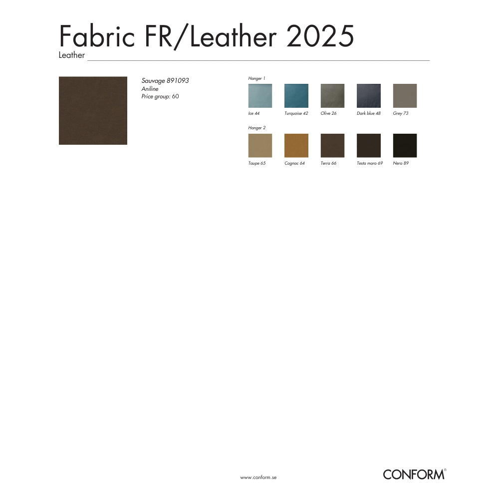 Color swatch chart for fabric FR/leather 2025 with various brown shades.
