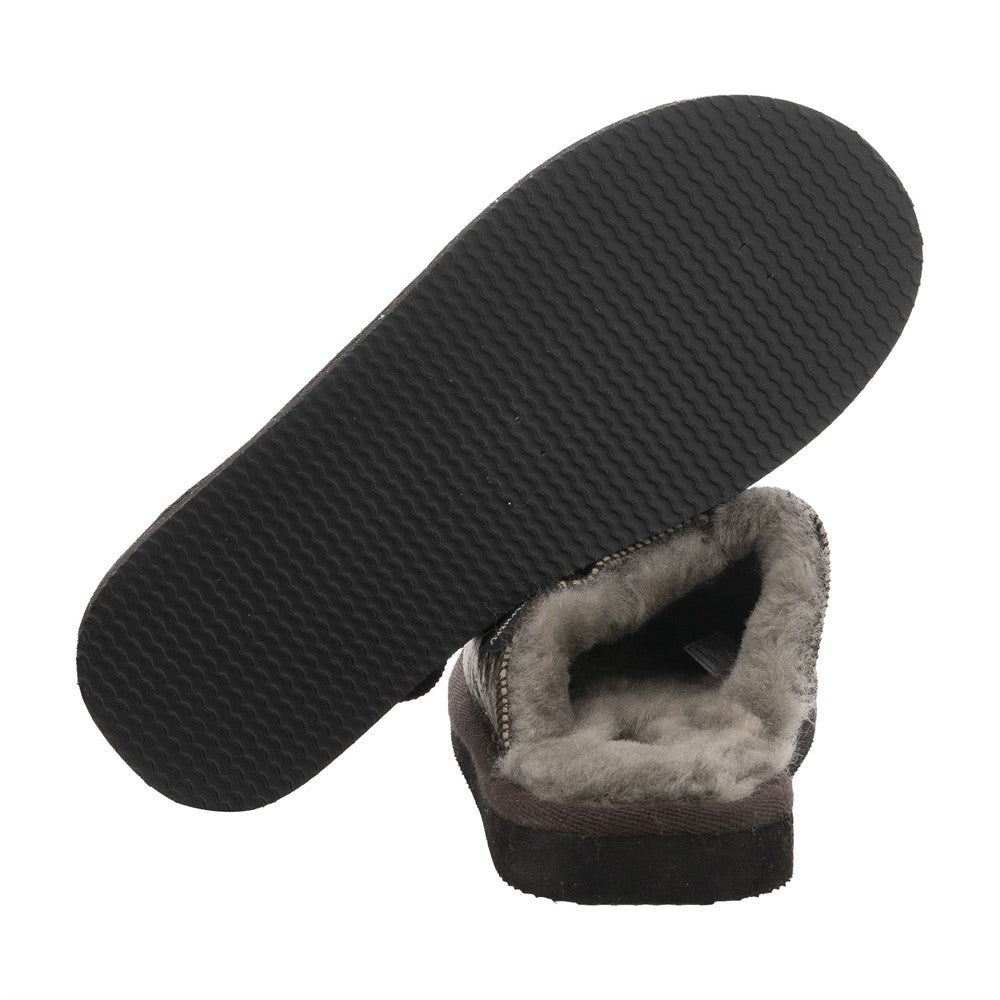 Grey sheepskin slipper with black sole on a white background