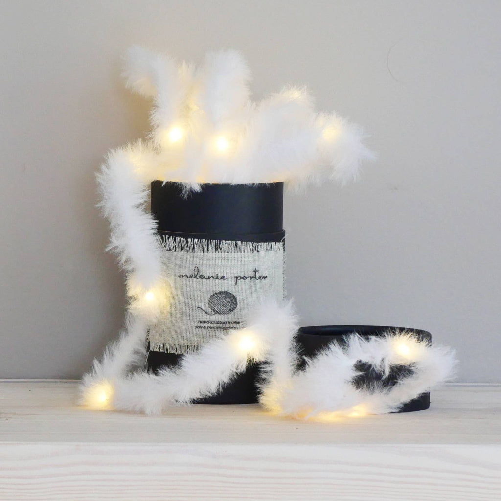 Decorative lights with feather accents and fairy lights on a neutral background