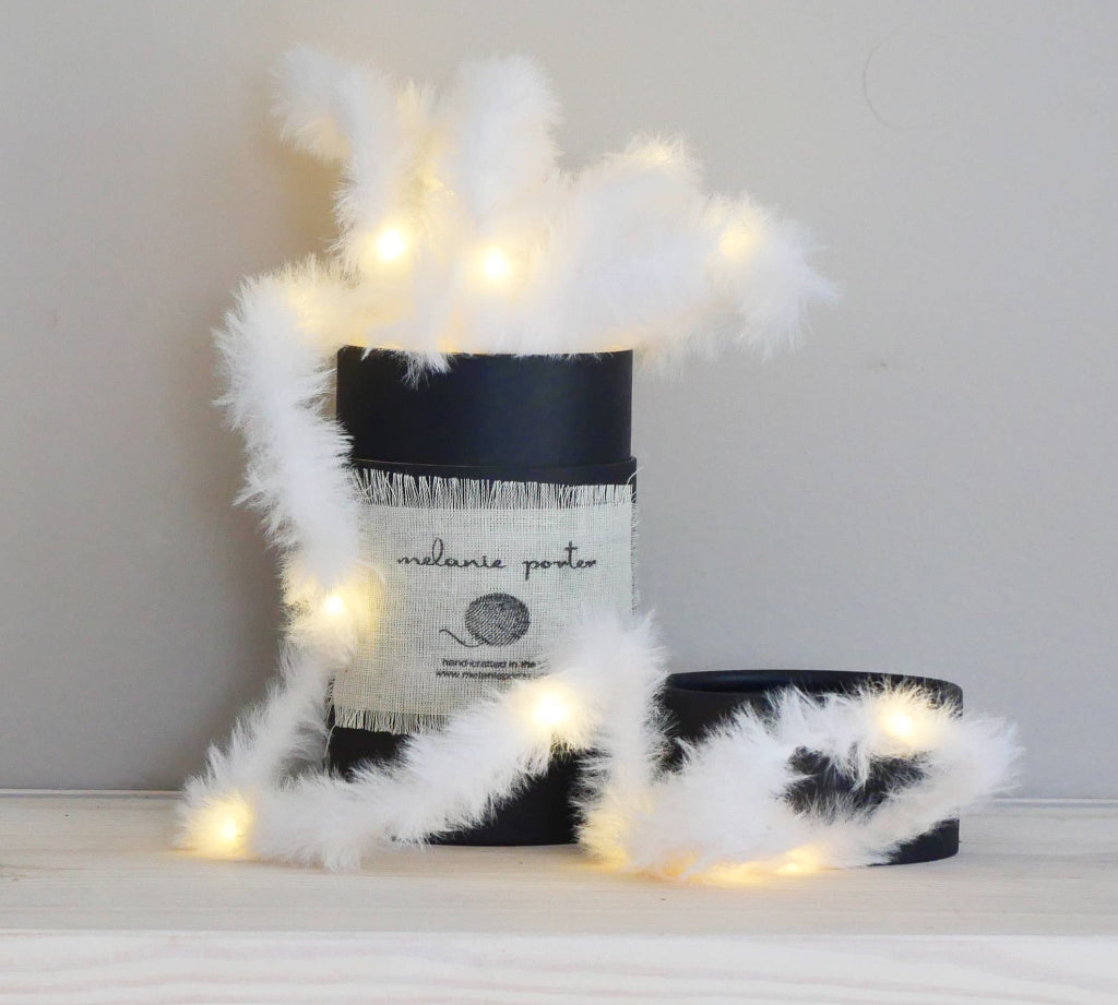 Decorative lights with feather accents and fairy lights on a neutral background