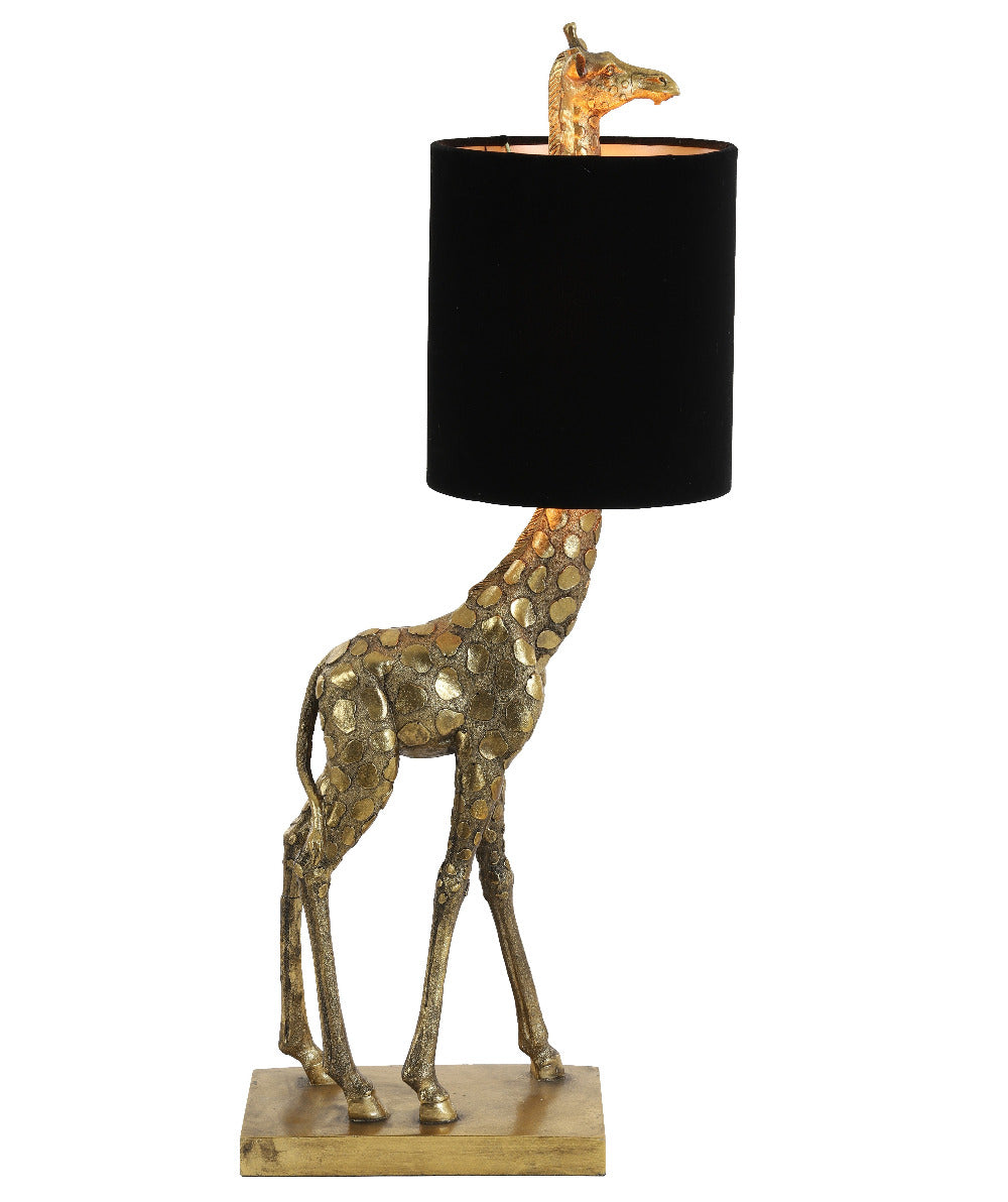 Giraffe Lamp in a gold finish with a black shade