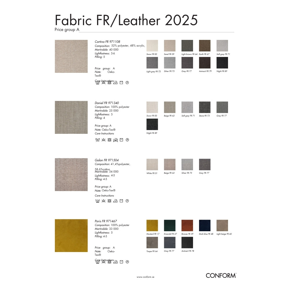 Color swatches for fabric and leather with brand 'Conform' at the bottom.