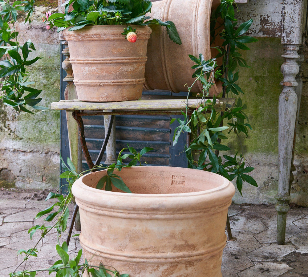 aged natural terracotta plant pots in three sizes