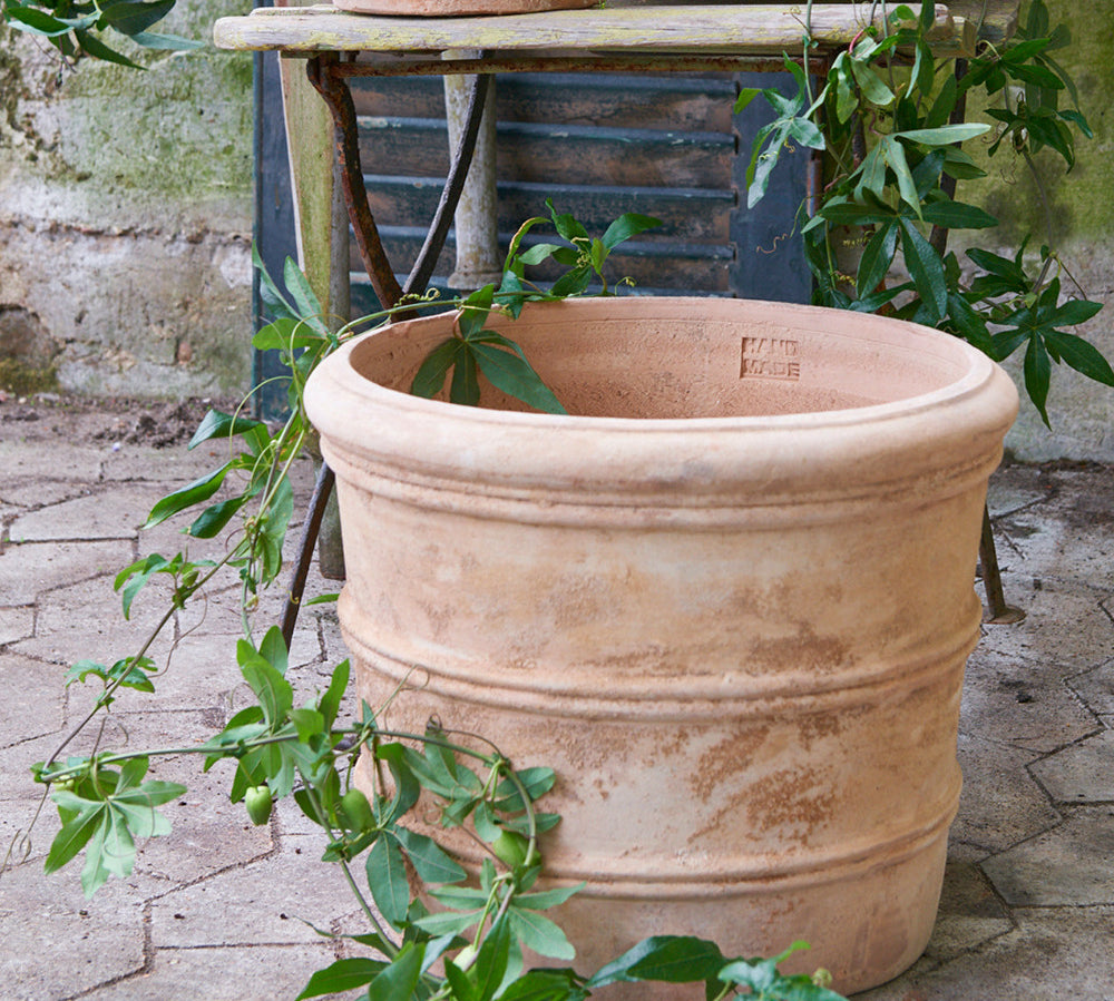 large terracotta plant pot with ribbed detail 