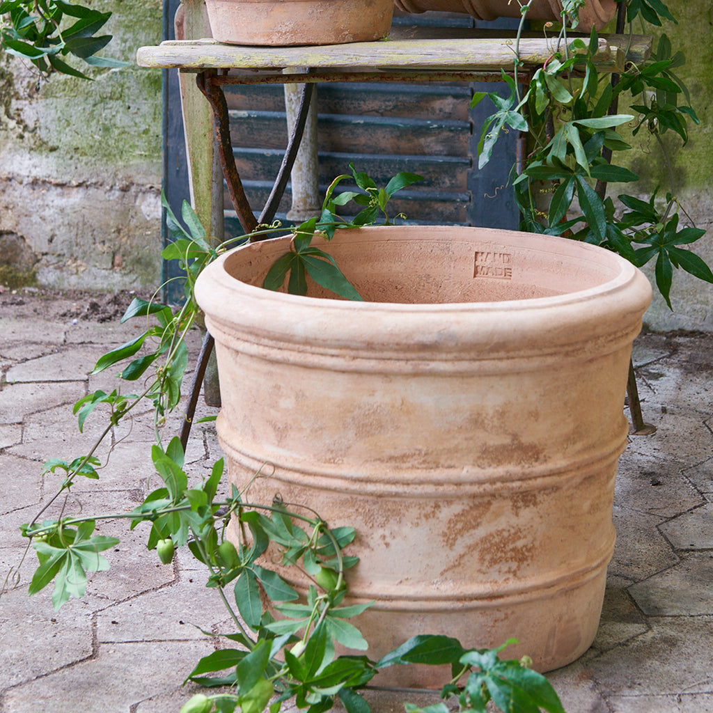 large terracotta plant pot with ribbed detail 
