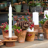 Decorative table setting with candles, terracotta potted plants, and festive elements on a wooden surface.