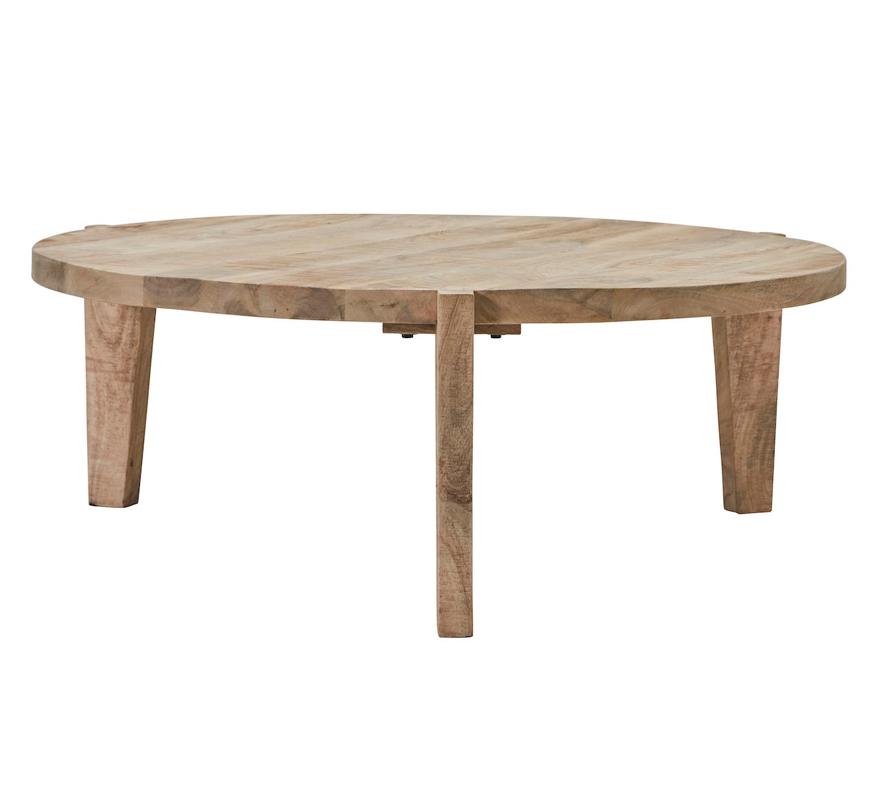 A round wooden coffee table with a natural light brown wood finish and four sturdy legs, shown against a plain white background.