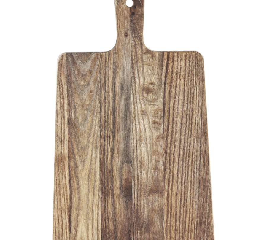 Wooden cutting board with a handle on a white background