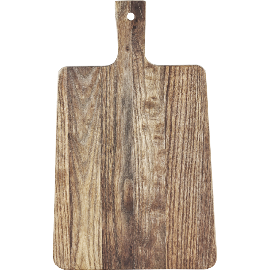 Wooden cutting board with a handle on a white background