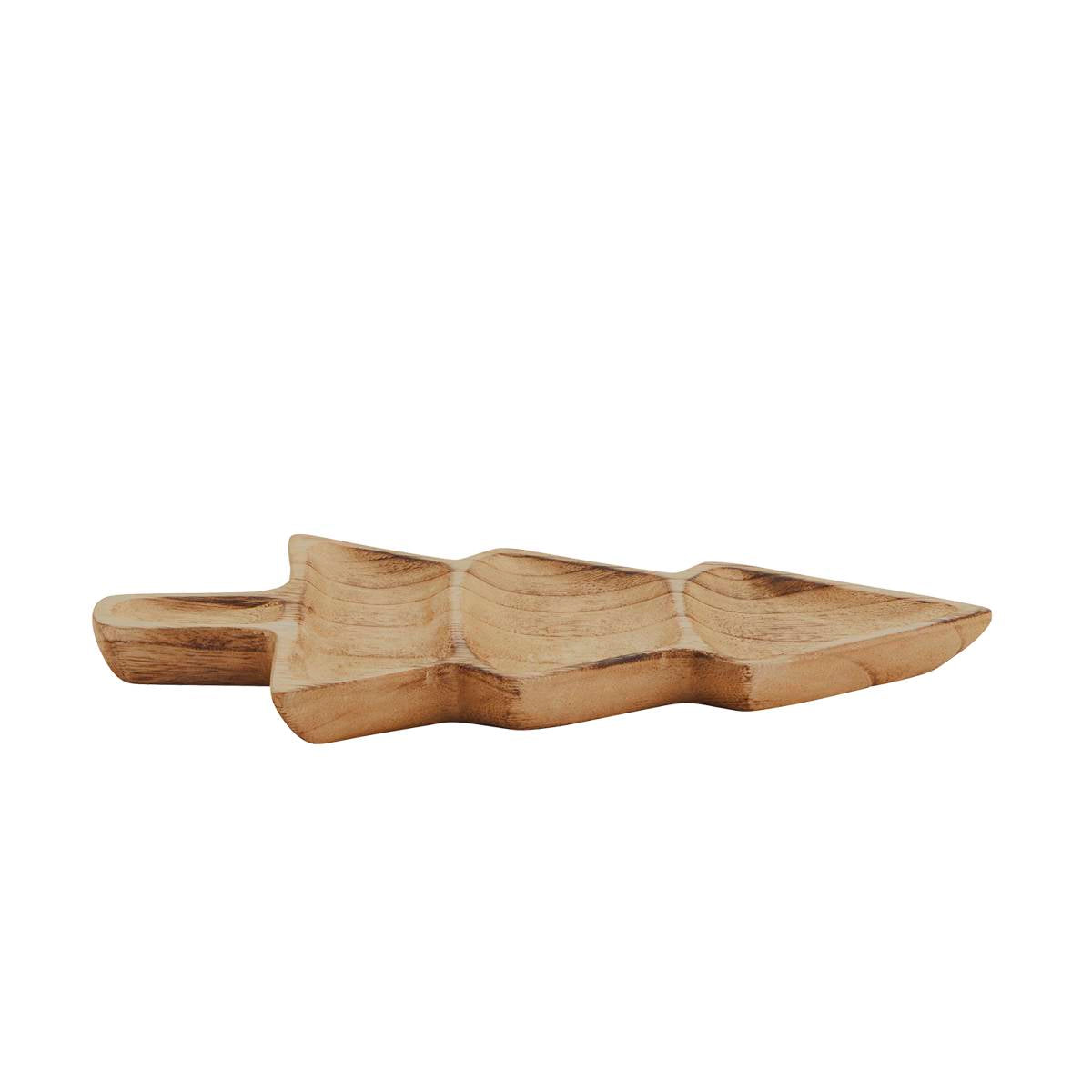 A small carved wooden serving tray shaped like a stylized tree, shown on a plain white background.