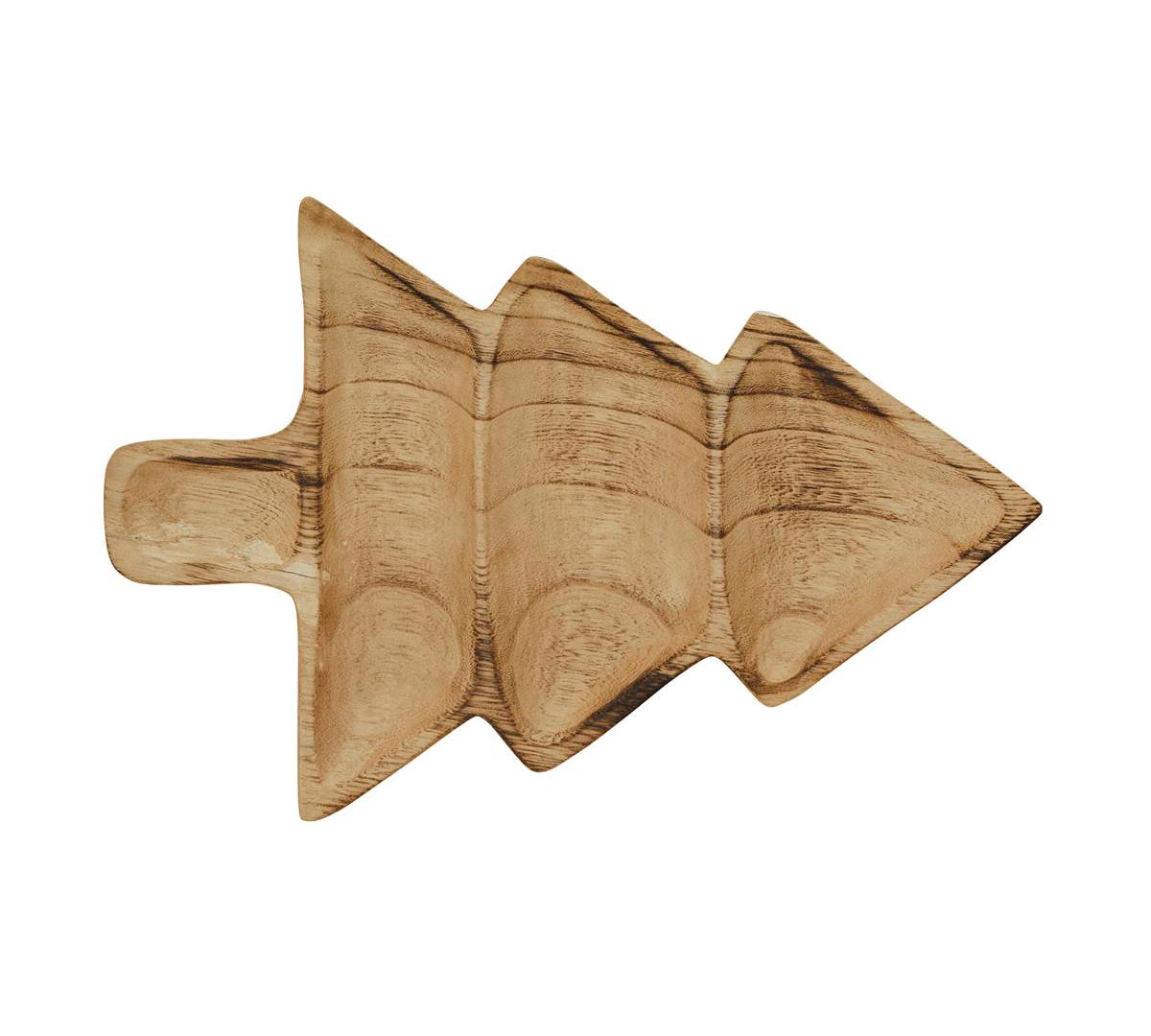 A wooden Christmas tree-shaped serving tray with a natural light brown wood grain finish, isolated on a white background.