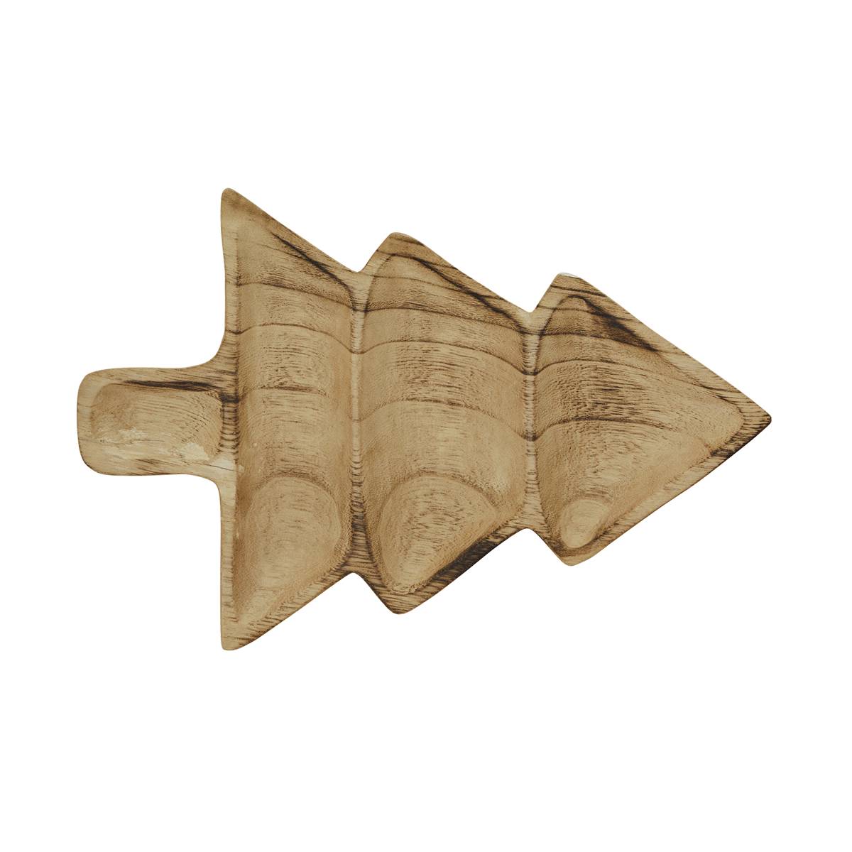 A wooden Christmas tree-shaped serving tray with a natural light brown wood grain finish, isolated on a white background.