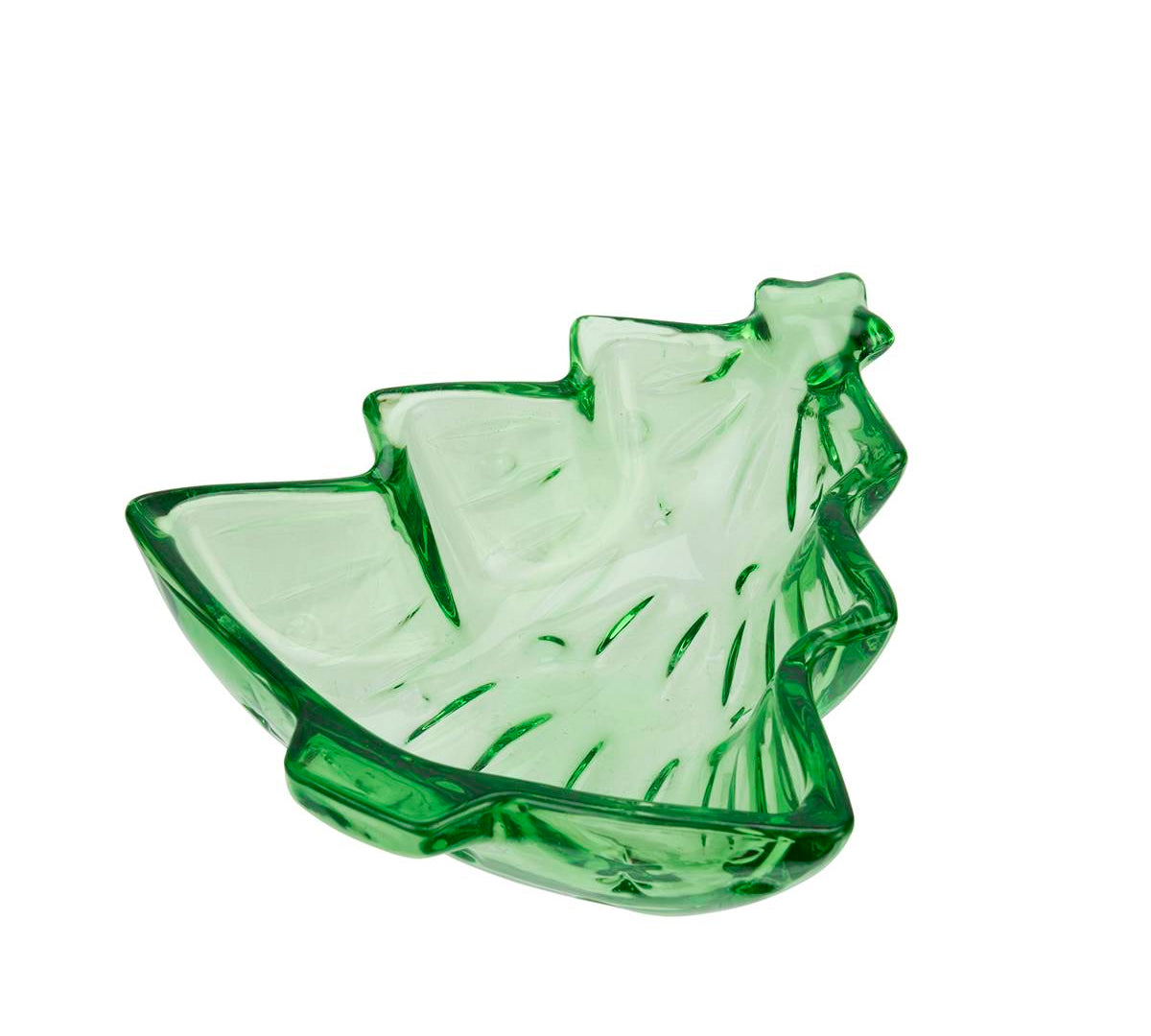 A green glass dish shaped like a stylized leaf, shown on a plain white background.