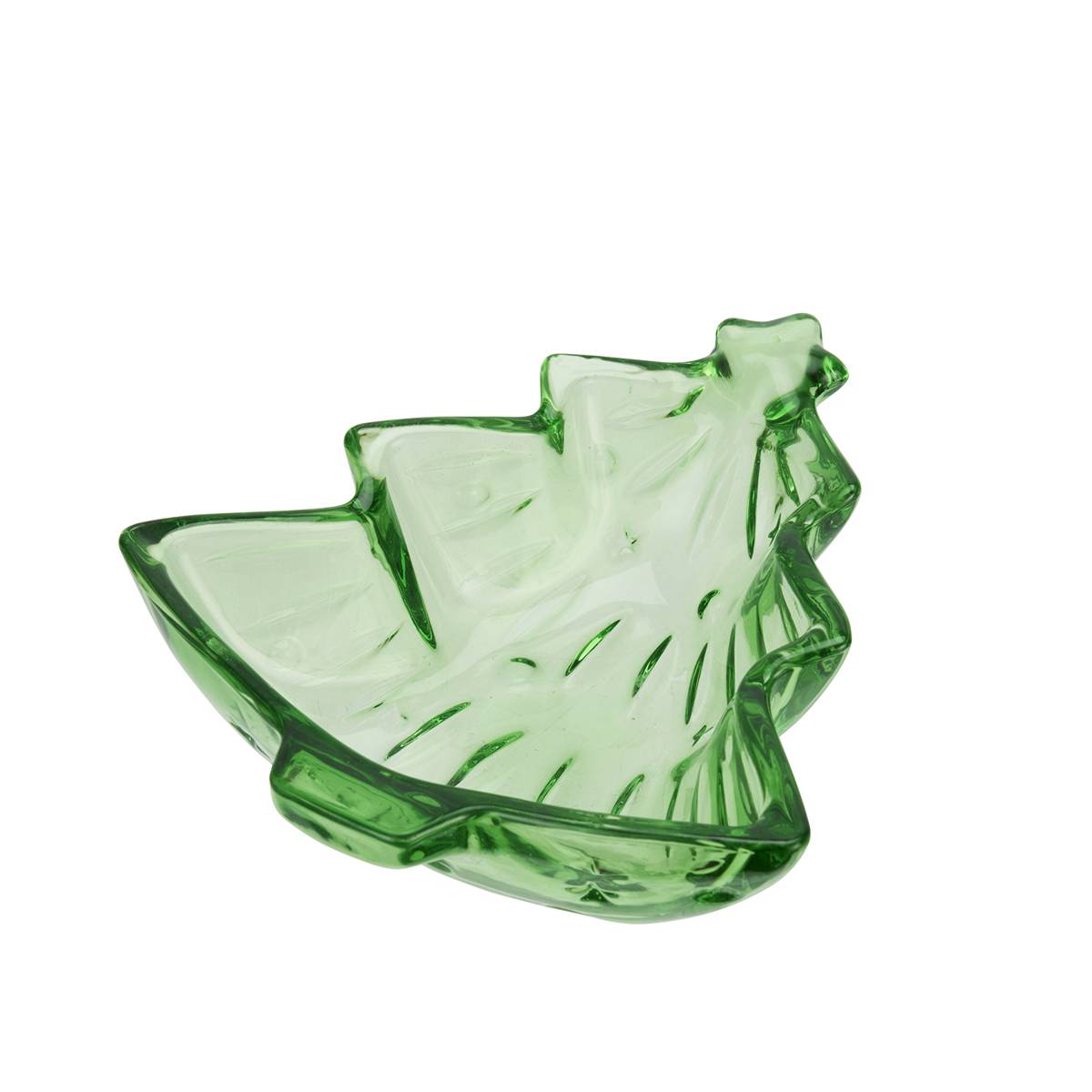A green glass dish shaped like a stylized leaf, shown on a plain white background.