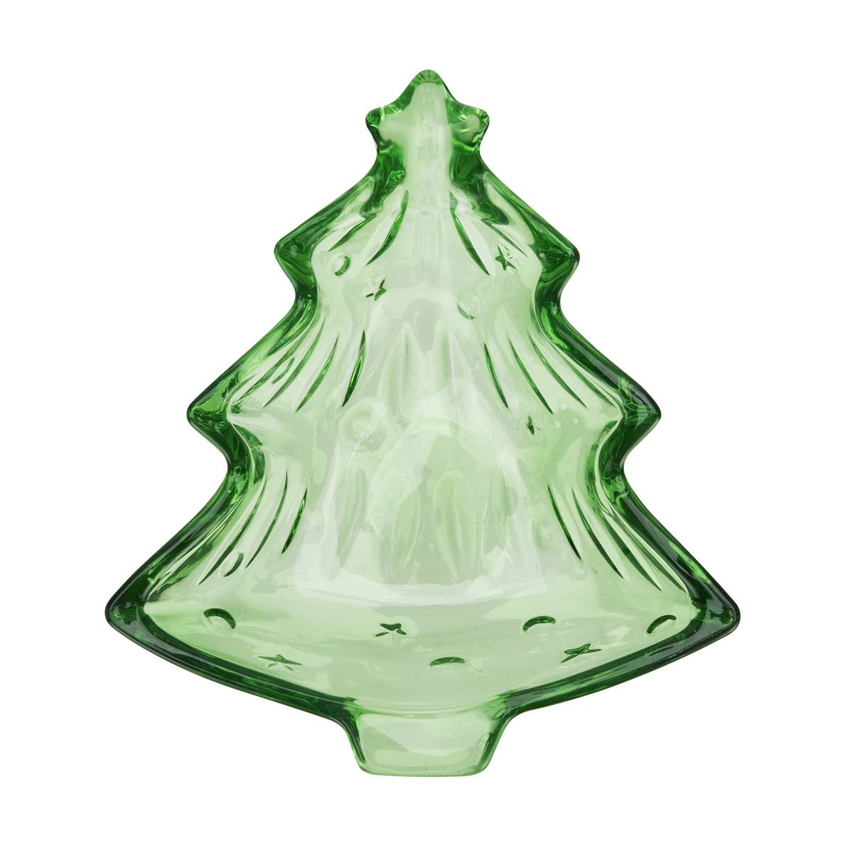 A green glass Christmas tree-shaped dish with a textured, ribbed pattern and a star topper, shown on a plain white background.
