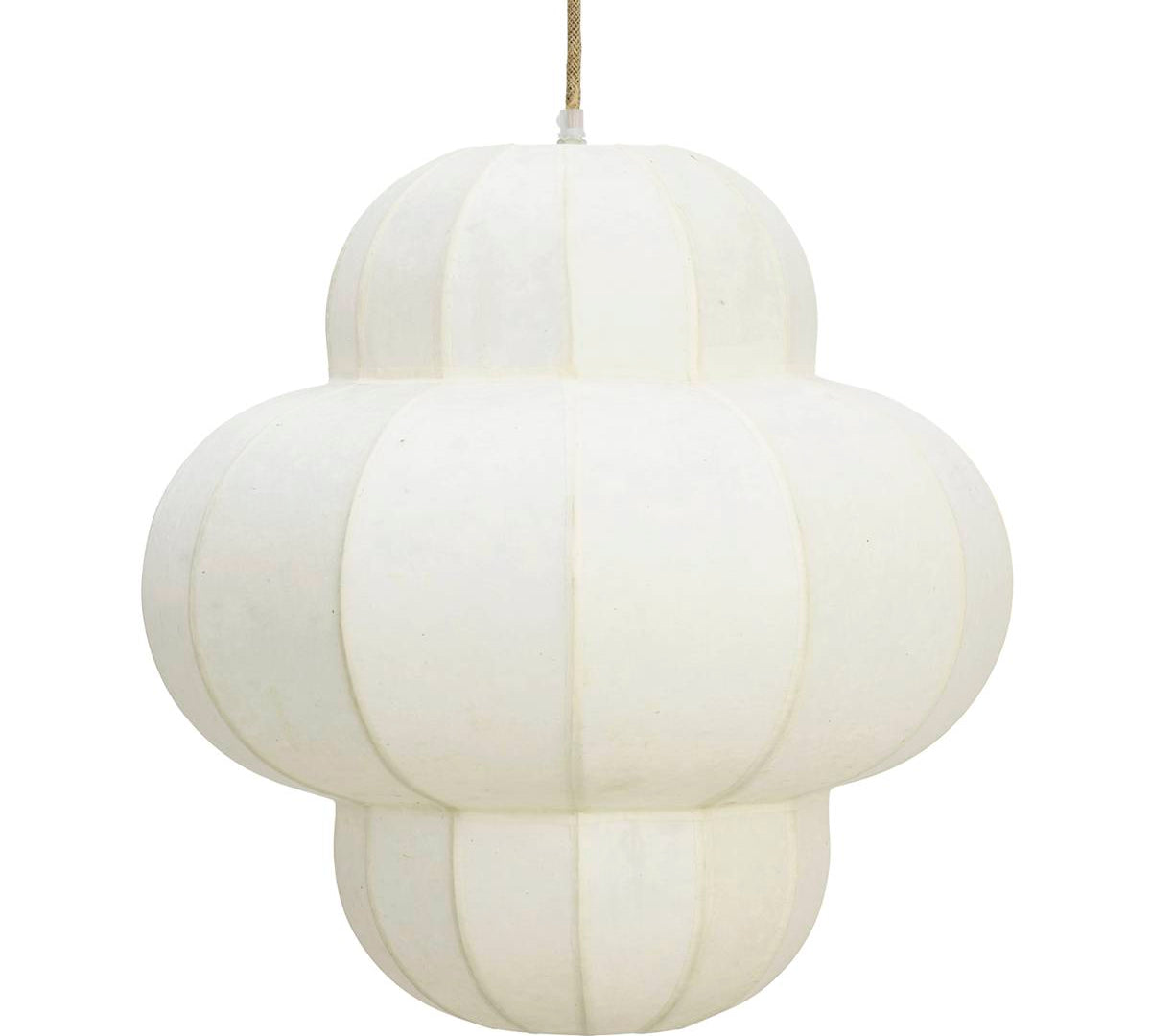 A white paper pendant light with a rounded, multi-blobbed design and a thin gold hanging cord, shown against a plain white background.