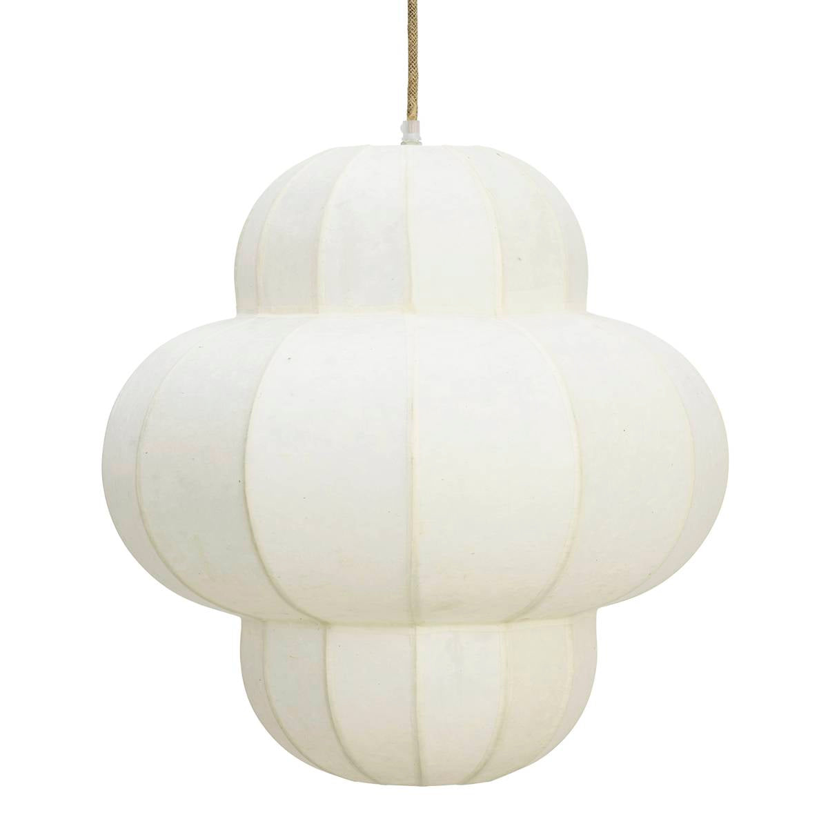 A white paper pendant light with a rounded, multi-blobbed design and a thin gold hanging cord, shown against a plain white background.