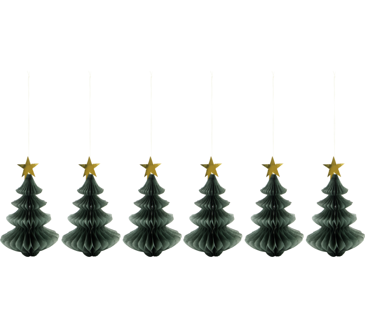 Set of six small paper Christmas trees in green