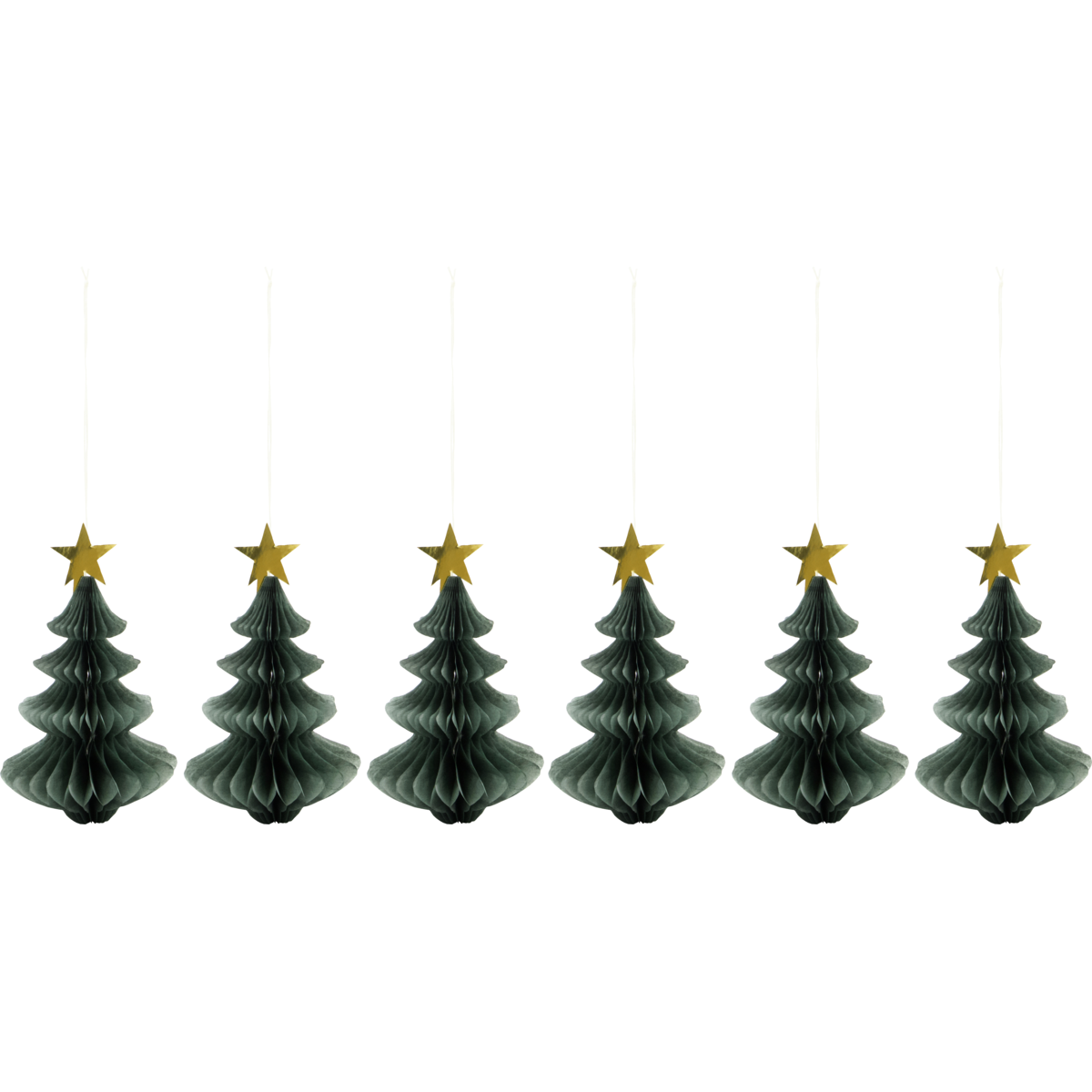 Set of six small paper Christmas trees in green