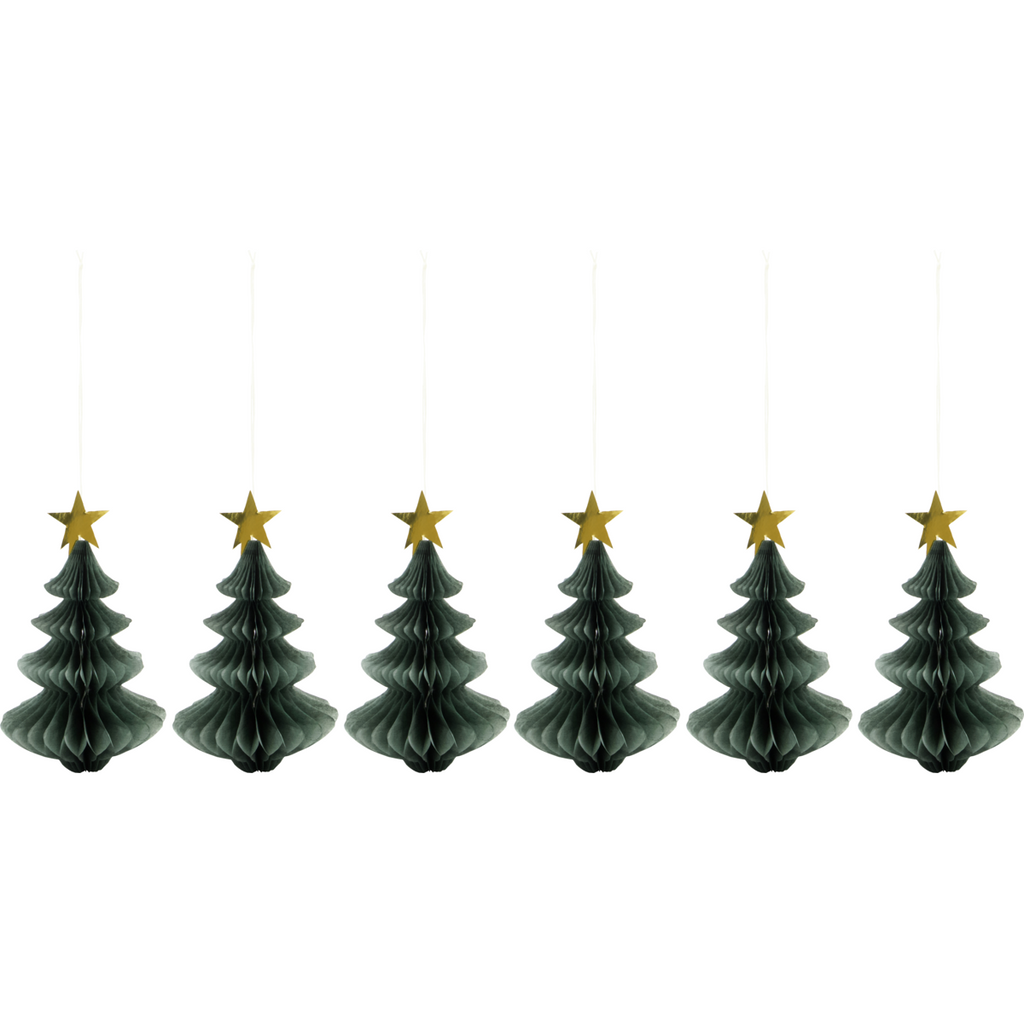 Set of six small paper Christmas trees in green