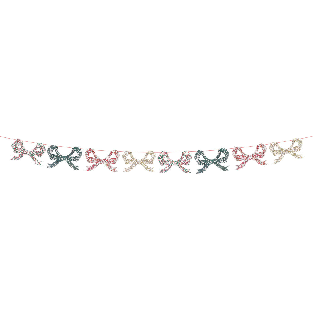 Decorative string of colorful bows on a white background