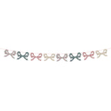 Decorative string of colorful bows on a white background