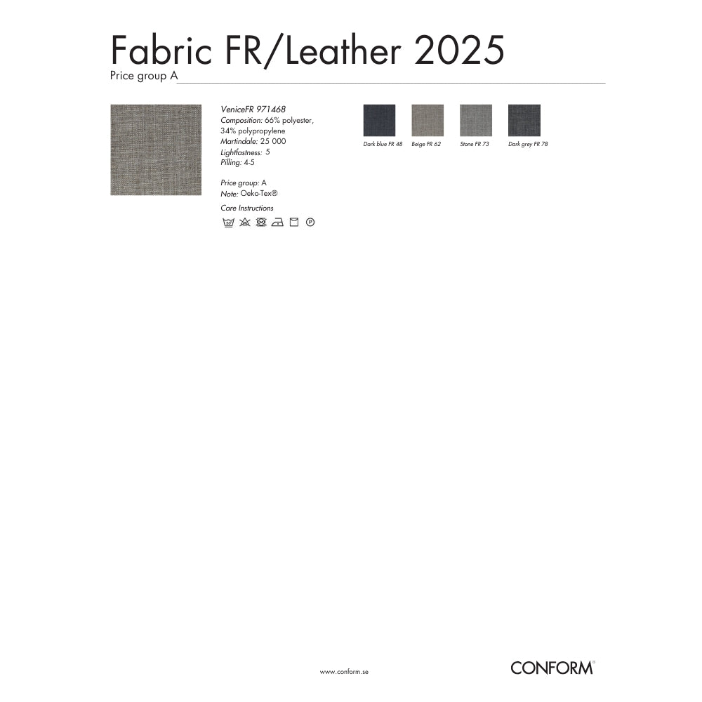 Color swatches and specifications for Fabric FR/Leather 2025 with CONFORM branding.