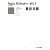 Color swatches and specifications for Fabric FR/Leather 2025 with CONFORM branding.
