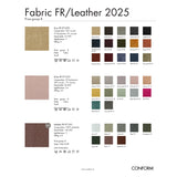 Color swatches for fabric and leather with brand 'Conform' at the bottom.