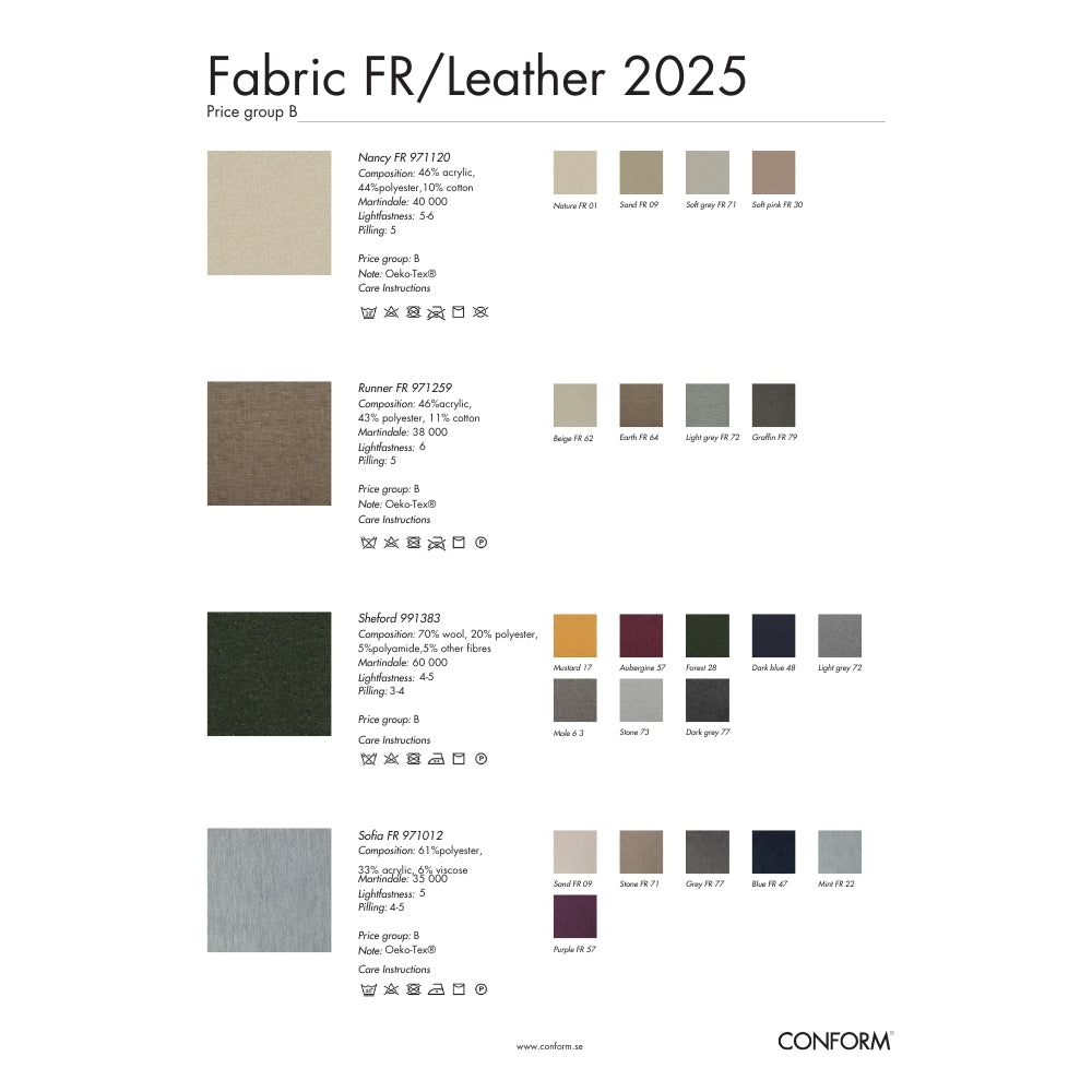 Color swatches for fabric and leather with brand 'Conform' at the bottom.