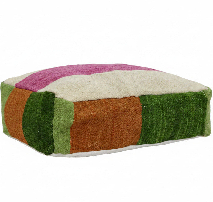 Kelim Floor Cushion in pink, green and tan