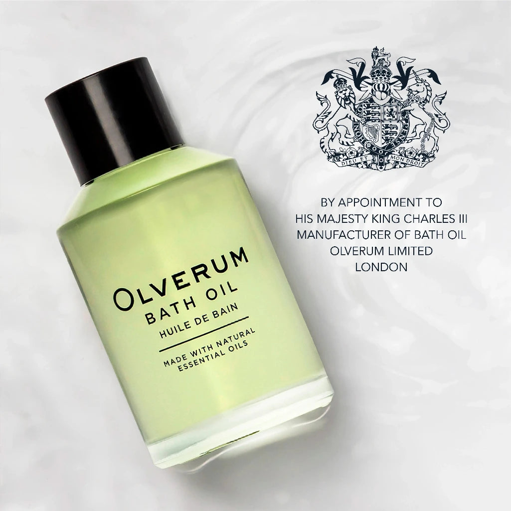 Olverum bath oil bottle with brand logo on a light gray background