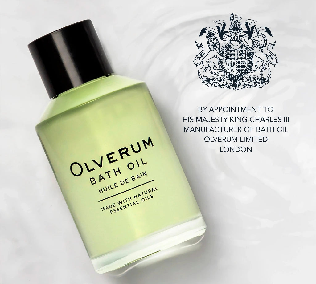 Olverum bath oil bottle with brand logo on a light gray background