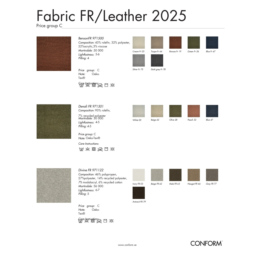Color swatches for fabric and leather with brand 'Conform' at the bottom.