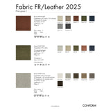 Color swatches for fabric and leather with brand 'Conform' at the bottom.