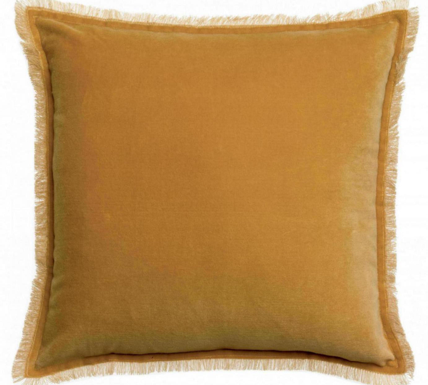 Yellow velvet cushion with fringe edges