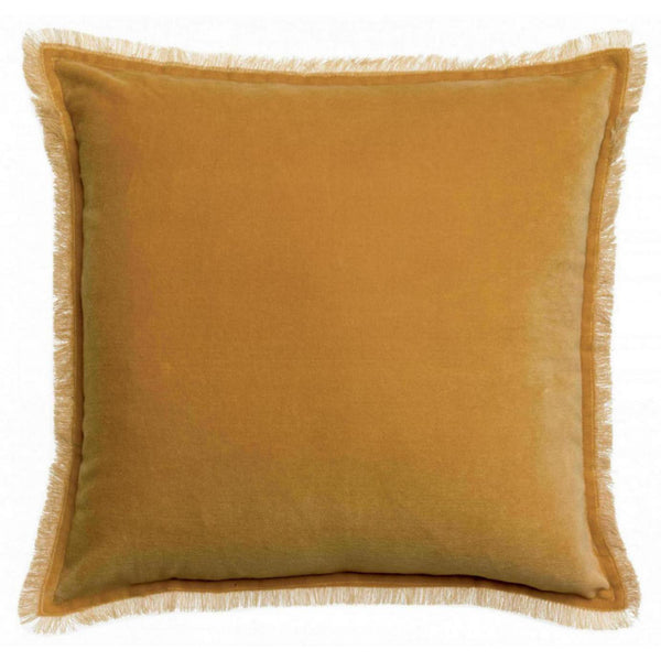 Yellow velvet cushion with fringe edges