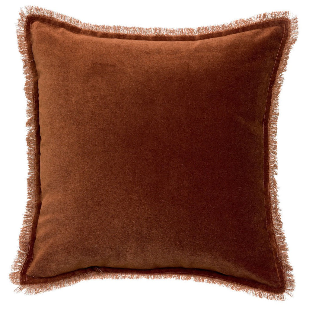 caramel brown velvet cushion with fringe edges