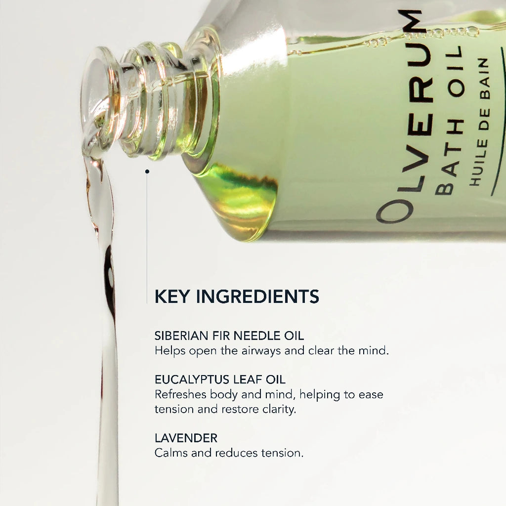 Olverum bath oil bottle with key ingredients listed on a white background
