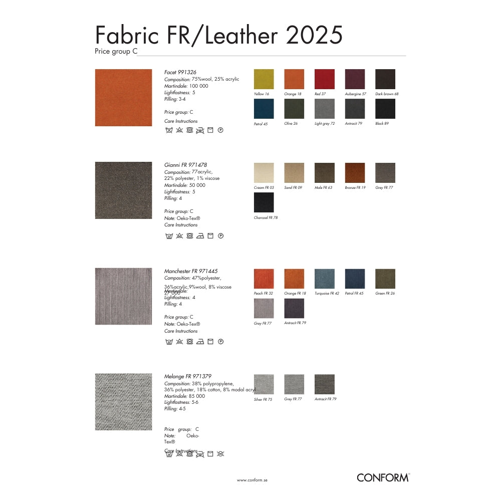 Color swatches for fabric and leather with brand 'Conform' at the bottom.
