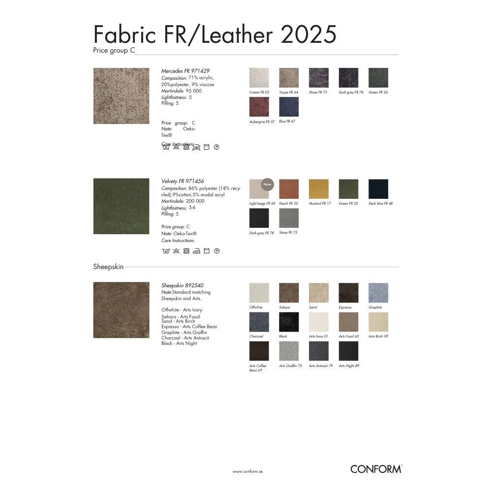 Color swatches for fabric and leather with brand 'Conform' at the bottom.